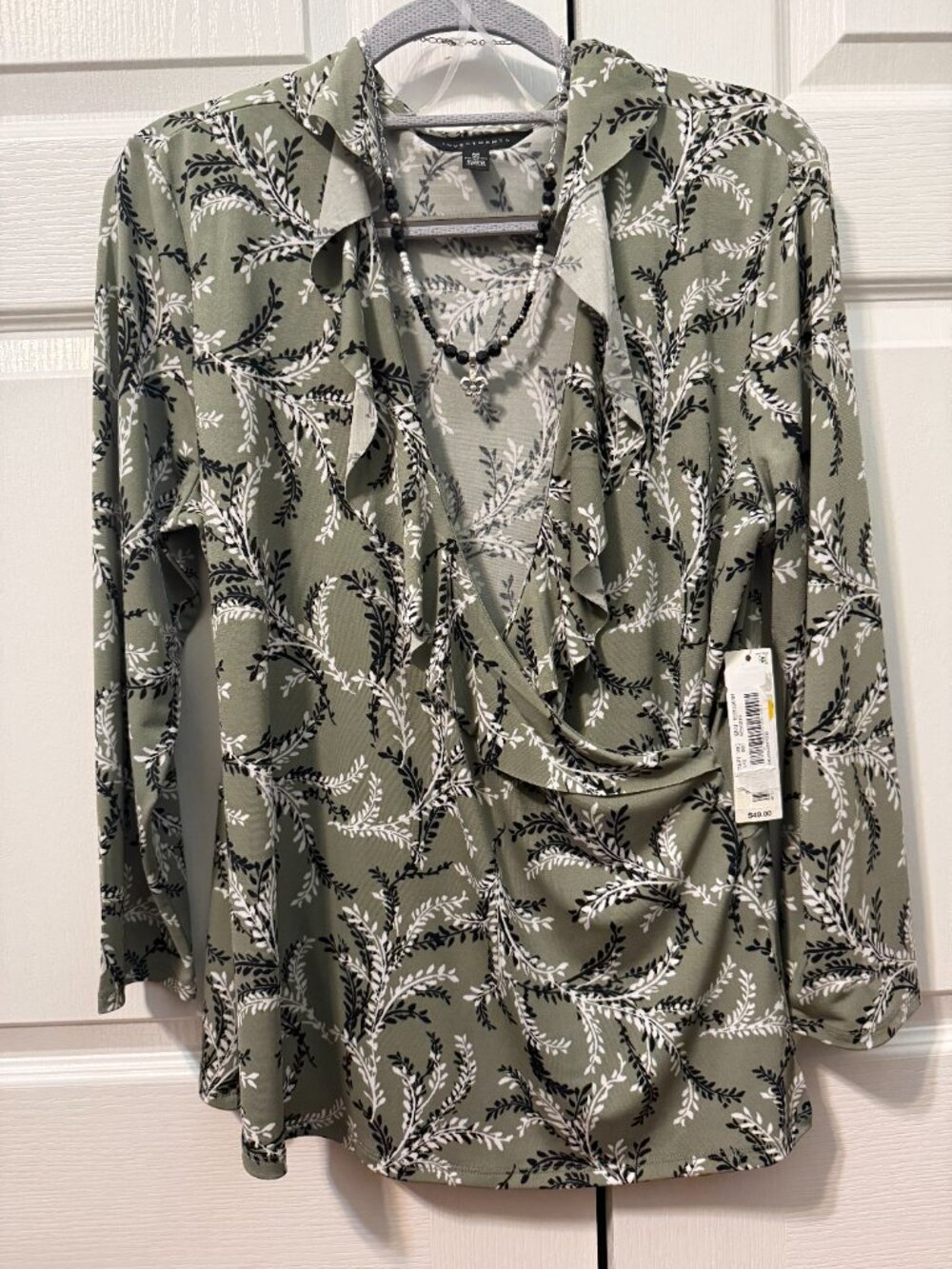 Sage Green Floral Wrap Blouse (Med), Coordinating Handmade fleur-de-lis necklace